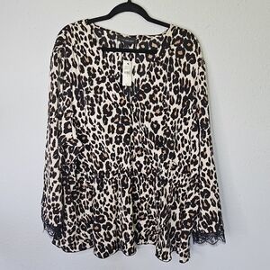 Lane Bryant Leopard Faux Wrap Blouse Womens 26 Babydoll Tunic Top Black Lace New